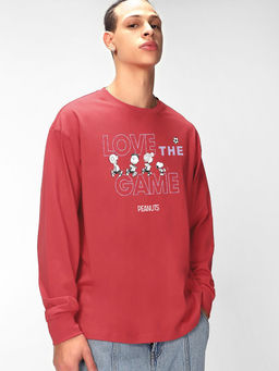 Bewakoof - Official Peanuts Men's Bold Red Love The Game Graphic Printed Oversized T-shirt
