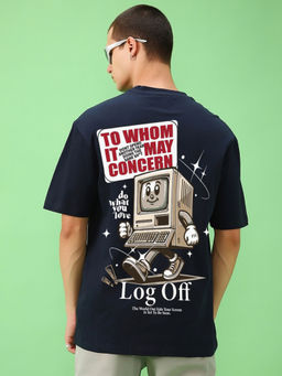 Bewakoof - Men's Navy Blue Log Off Graphic Printed Oversized T-shirt