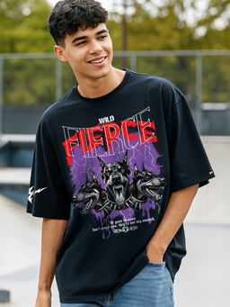 Bewakoof - Men's Navy Blue Doberman Graphic Printed Oversized T-shirt