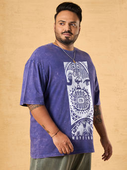 Bewakoof - Official Disney Men's Blue Moana Graphic Printed Oversized Plus Size Acid Wash T-shirt