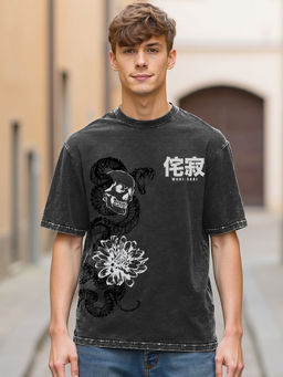 Bewakoof - Men's Black Wabsisabi Graphic Printed Oversized Acid Wash T-shirt