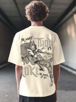 Bewakoof - Official Marvel Men's Off White Thor vs Loki Graphic Printed Oversized T-shirt