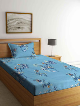 FABINALIV - Blue Floral 210 Tc Cotton Blend Bedsheet with Pillow Cover (Single)