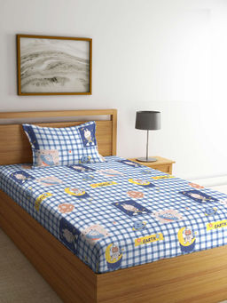 FABINALIV - Blue Cartoon Print 210 Tc Cotton Blend Bedsheet with Pillow Cover (Single)