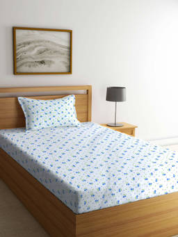 FABINALIV - White Floral 210 Tc Cotton Blend Bedsheet with Pillow Cover (Single)
