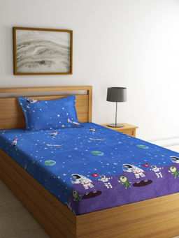 FABINALIV - Blue Cartoon Print 210 Tc Cotton Blend Bedsheet with Pillow Cover (Single)
