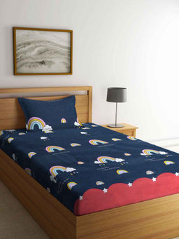 FABINALIV - Blue Cartoon Print 210 Tc Cotton Blend Bedsheet with Pillow Cover (Single)