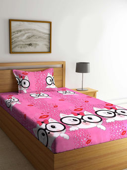 FABINALIV - Pink Cartoon Print 210 Tc Cotton Blend Bedsheet with Pillow Cover (Single)