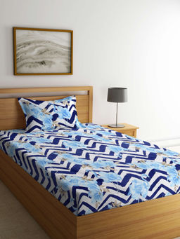 FABINALIV - Blue Floral 210 Tc Cotton Blend Bedsheet with Pillow Cover (Single)