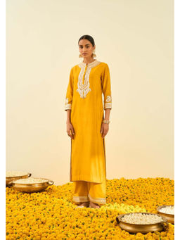 Sheetal Batra - Arisah- Glaze Mustard Straight Long Kurta with Palazzo and Dupatta
