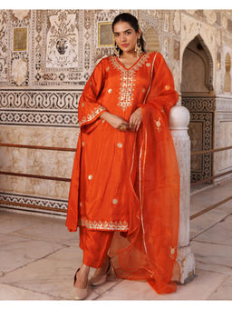 Bannhi by Priyanka Rathore - Women'S Orange Silk Gota Patti Work Kurta with Pant and Dupatta