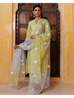 Bannhi by Priyanka Rathore - Women'S Pastel Green Silk Kurta with Pant and Dupatta