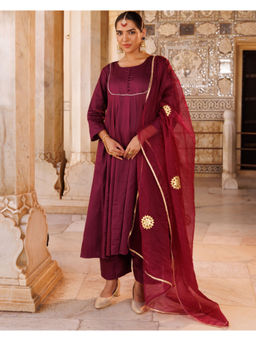 Bannhi by Priyanka Rathore - Women'S Maroon Gota Patti Work Anarkali Kurta Wth Pant and Dupatta