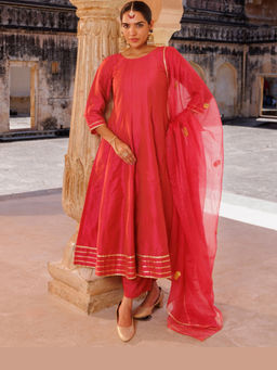 Bannhi by Priyanka Rathore - Pink Raw Silk Gota Patti Anarkali Kurta with Pant & Dupatta