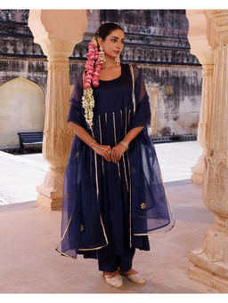 Bannhi by Priyanka Rathore - Navy Blue Cotton Silk Gota Patti Anarkali Kurta with Pant & Dupatta