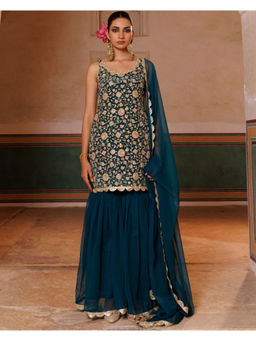 Bannhi by Priyanka Rathore - Women'S Green Crepe Embroidered Kurta with Sharara and Dupatta