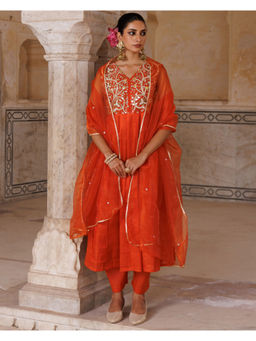 Bannhi by Priyanka Rathore - Orange Silk Hand Anarkali Kurta with Pant & Dupatta