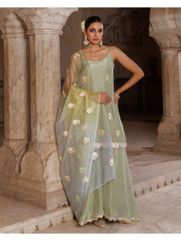 Bannhi by Priyanka Rathore - Pastel Green Silk Kurta with Sharara & Dupatta