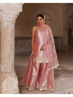 Bannhi by Priyanka Rathore - Pastel Pink Tissue Embellished Kurta with Sharara & Dupatta