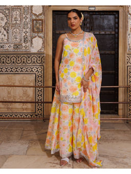 Bannhi by Priyanka Rathore - Women'S Yellow Floral Printed Kurta with Sharara and Dupatta