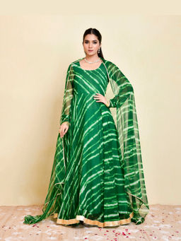Bannhi by Priyanka Rathore - Women'S Green Gajra Long Anarkali Kurta with Pant and Dupatta