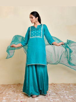 Bannhi by Priyanka Rathore - Women'S Teal Yamuna Upadda Kurta with Sharara and Dupatta