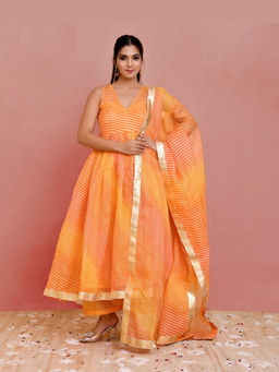 Bannhi by Priyanka Rathore - Women'S Orange Bhor Leheriya Anarkali Kurta with Pant and Dupatta