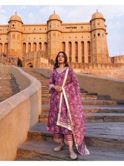 Bannhi by Priyanka Rathore - Women'S Purple Floral Printed Chanderi Kurta with Pant and Dupatta