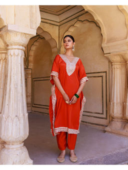 Bannhi by Priyanka Rathore - Women'S Burnt Orange Crepe Kaftan and Palazzo