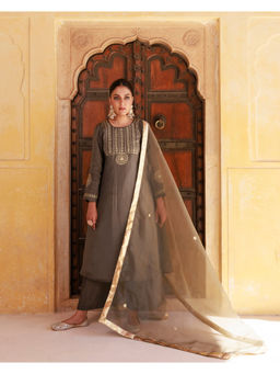 Bannhi by Priyanka Rathore - Green Upadda Silk Aari Kurta with Palazzo & Dupatta