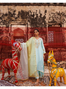 Bannhi by Priyanka Rathore - Women'S Pastel Blue Chanderi Kurta with Pant and Dupatta