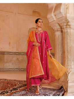 Bannhi by Priyanka Rathore - Women'S Magenta Embroidered Anarkali Kurta with Pant and Dupatta