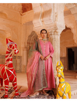 Bannhi by Priyanka Rathore - Women'S Onion Pink Cotton Anarkali Kurta with Pant and Dupatta