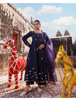 Bannhi by Priyanka Rathore - Navy Blue Cotton Gota Patti Anarkali Kurta with Pant & Dupatta