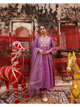 Bannhi by Priyanka Rathore - Women'S Lavender Embroidered Anarkali Kurta Wth Pant and Dupatta