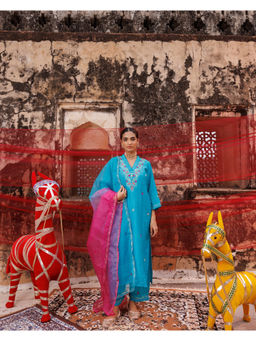 Bannhi by Priyanka Rathore - Women'S Blue Chanderi Kurta with Palazzo and Dupatta