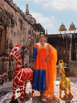 Bannhi by Priyanka Rathore - Women'S Orange Chanderi Kurta with Pant and Dupatta