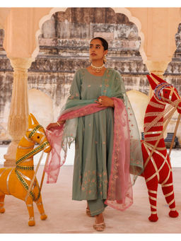Bannhi by Priyanka Rathore - Women'S Sage Green Cotton Anarkali Kurta with Pant and Dupatta