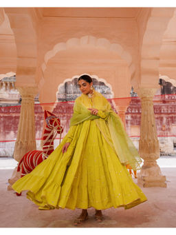 Bannhi by Priyanka Rathore - Green Tiered Aari Taari Anarkali Kurta with Pant & Dupatta