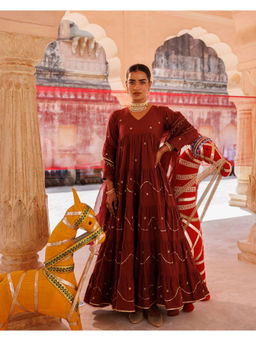 Bannhi by Priyanka Rathore - Maroon Tiered Aari Tari Anarkali Kurta with Pant & Dupatta