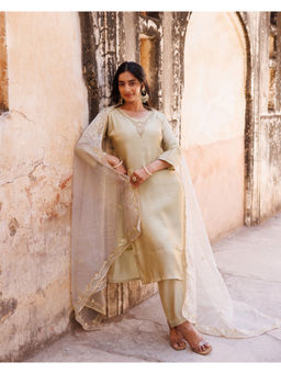 Bannhi by Priyanka Rathore - Pastel Green Hand Kurta with Palazzo & Dupatta