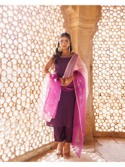 Bannhi by Priyanka Rathore - Women'S Wine Hand Embroidered Kurta with Palazzo and Dupatta