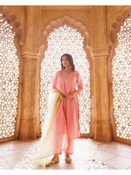Bannhi by Priyanka Rathore - Women'S Pink Hand Embroidered Kurta with Palazzo and Dupatta