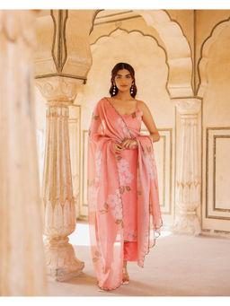 Bannhi by Priyanka Rathore - Peach Floral Printed Kota Doriya Strappy Kurta with Pant & Dupatta