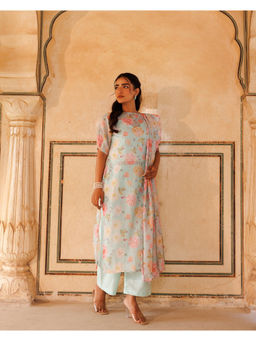 Bannhi by Priyanka Rathore - Women'S Blue Floral Printed Kota Doriya Kurta with Pant and Dupatta