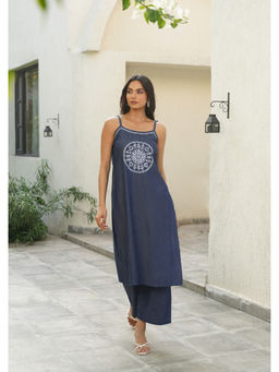 House of Chikankari - Women Blue Denim Sleeveless Chikankari Kurta with Palazoo