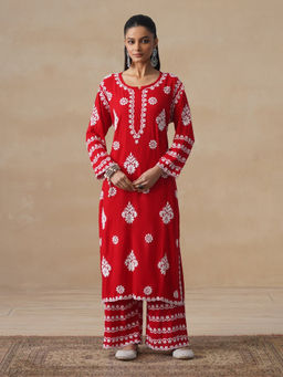 House of Chikankari - Women Red Modal Three Fourth Sleeves Chikankari Kurta with Palazoo