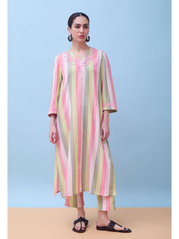Mantra - Women Pink Cotton Stripes Kurta with Pant