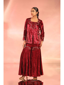 Kudi Pataka Designs - Nandini Womens Velvet Maroon Embellished Top with Palazzo