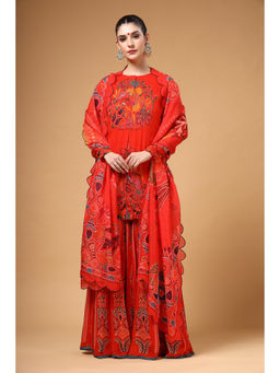 Gazab By Miku Kumar - Women Red Georgette Embroidered Kurta with Sharara and Dupatta